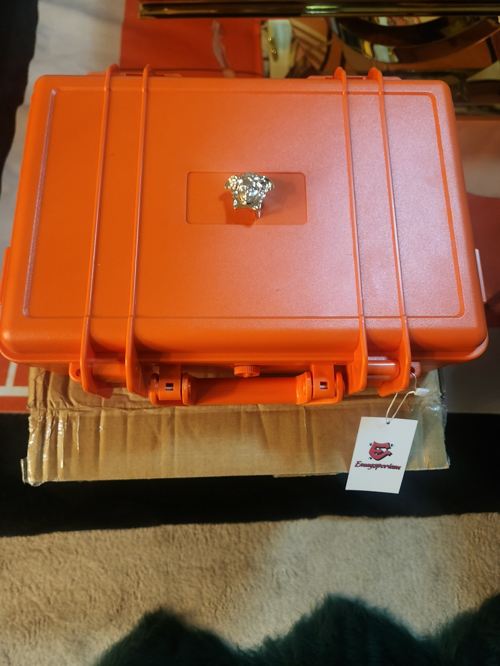 EMAYSPORIUM Premuim Orange Men's 20-Watch Storage Box with Gold Versace Design